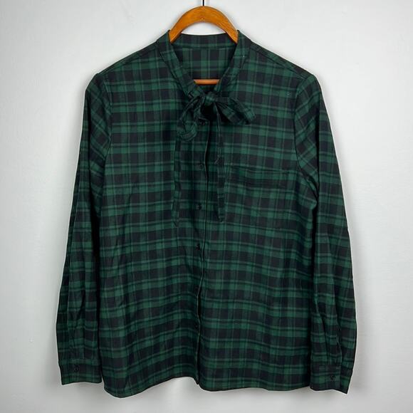 Eternal Summer blue & green plaid long sleeve button down tie neck top medium - Picture 1 of 7